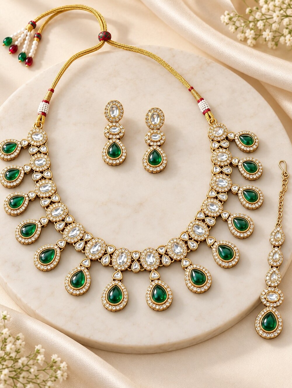 Emerald Green Kundan Necklace Set with Earrings & Maang Tikka